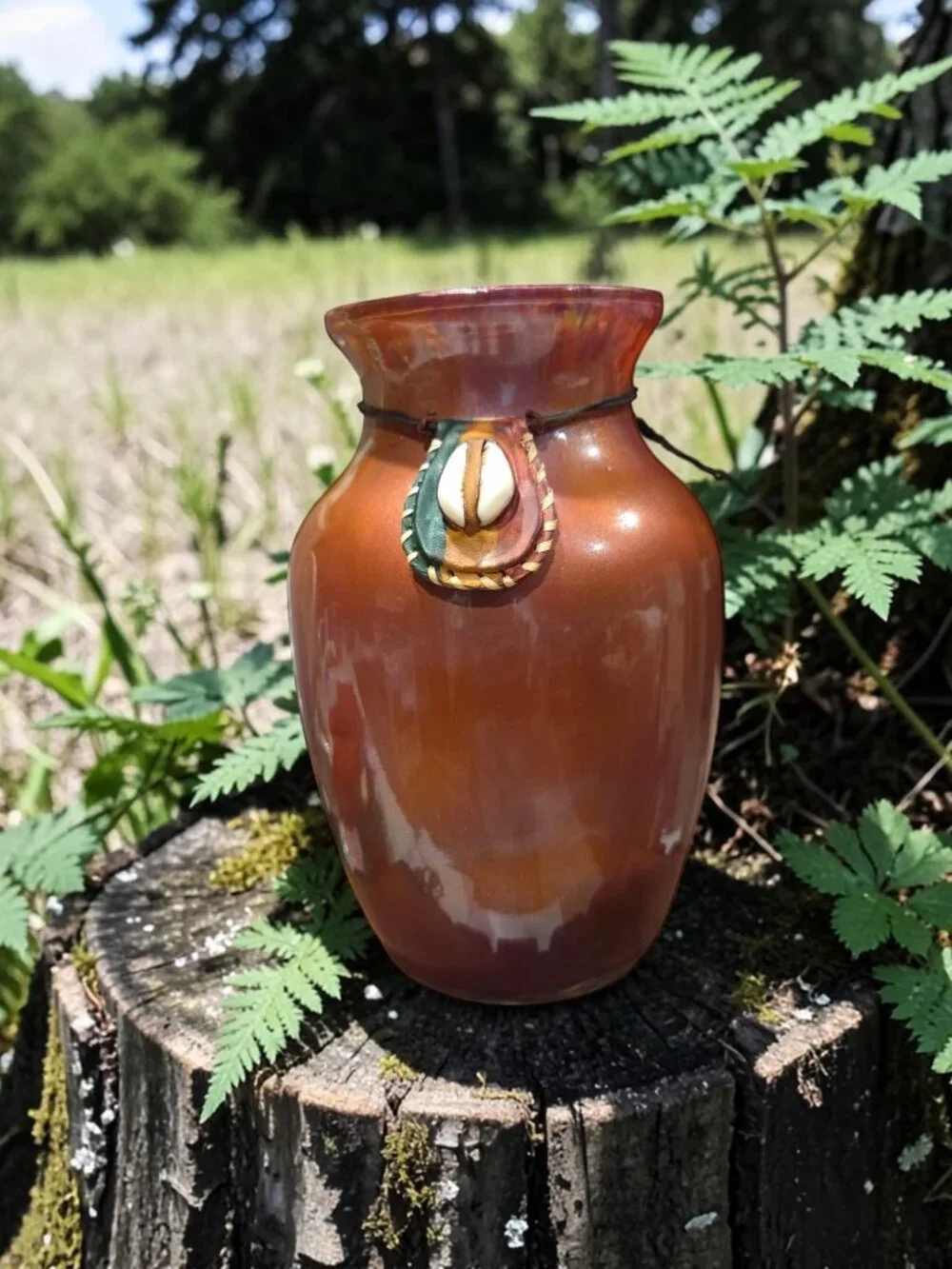Fluid Art African Cowrie Shell Necklace Vase, Size 7 inches, Handcrafted Vase,
